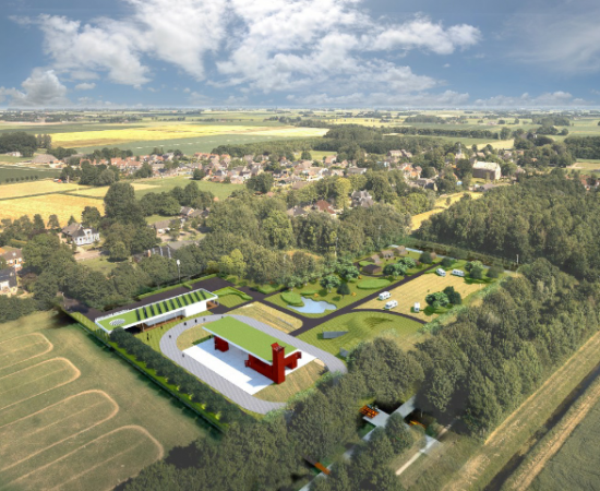 Getekende plattegrond van Landgoed De Camping, dat neergezet is op een voetbalveld in 't Zandt. Een lokaal initiatief dat gesteund is door de provincie Groningen.