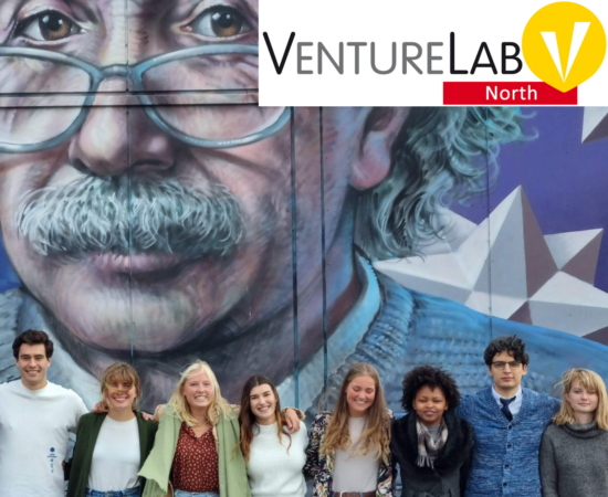 Decoratieve afbeelding met de ondersteunde groep voor het gebouw van VentureLabNorth met de afbeelding van Albert Einstein