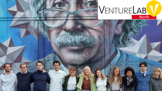 Decoratieve afbeelding met de ondersteunde groep voor het gebouw van VentureLabNorth met de afbeelding van Albert Einstein